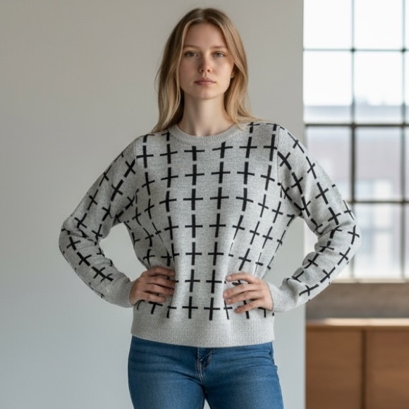 POL Cotton Long Sleeve Pullover Crewneck Sweater Gray Black Size Medium - Picture 6 of 9